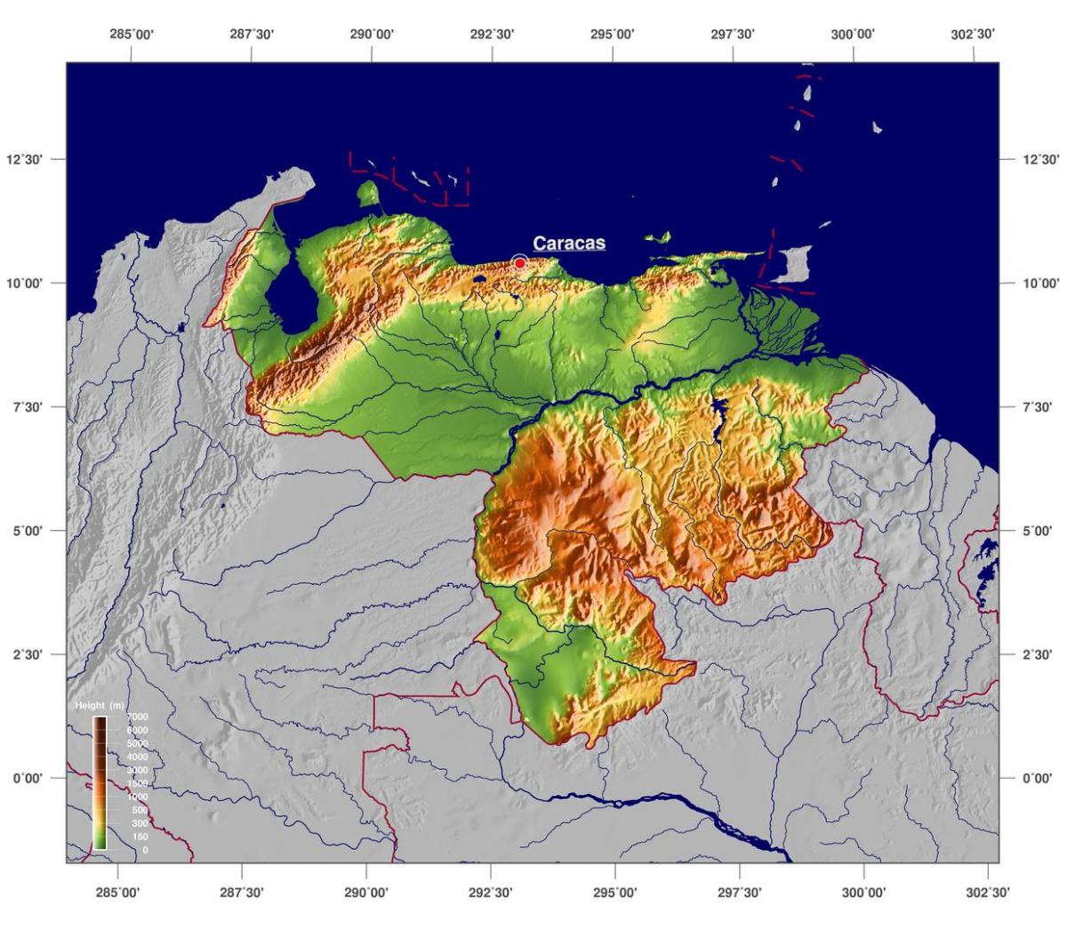 نقشه از نقشه فیزیکی از ونزوئلا